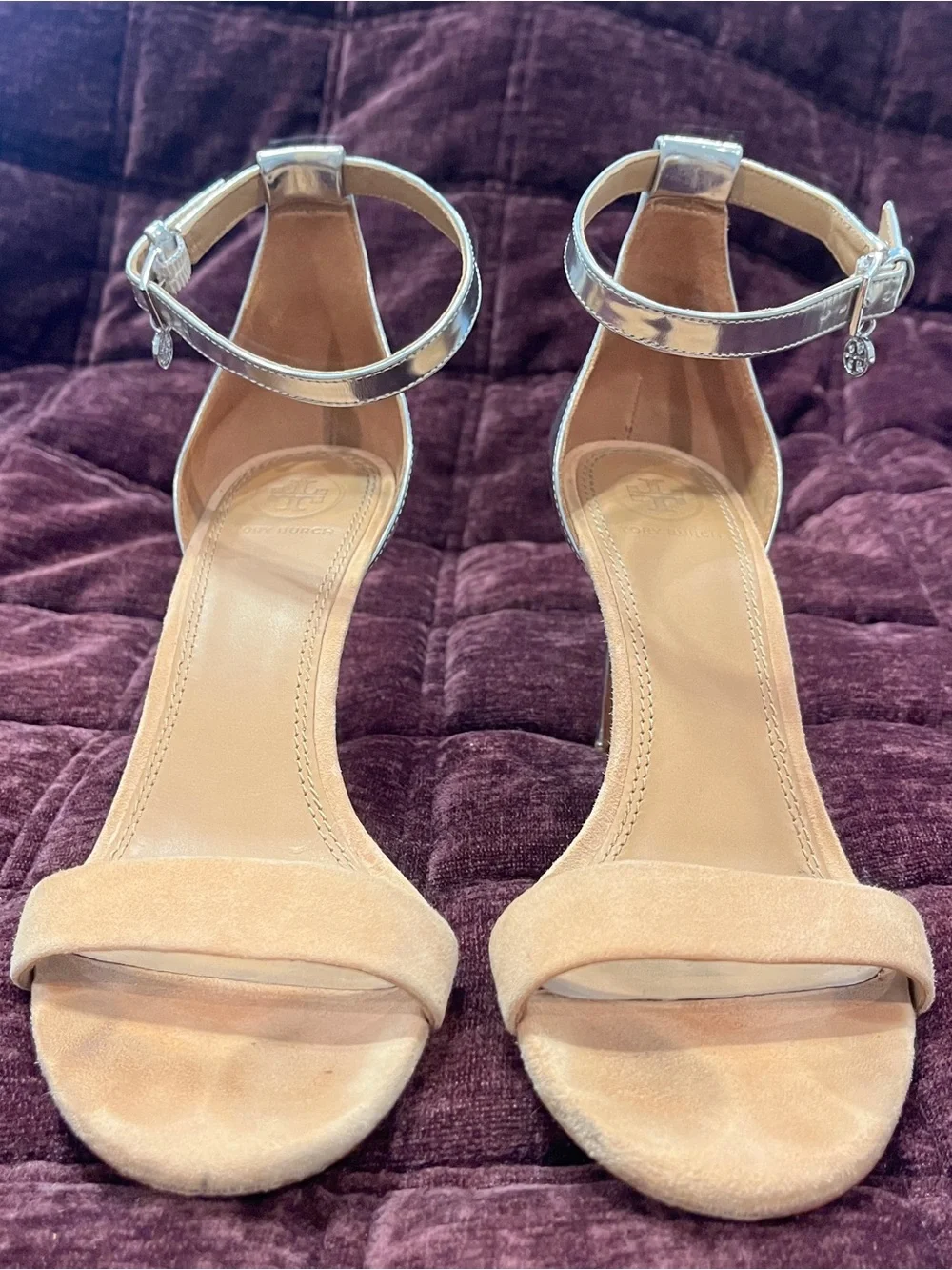 Tory Burch Ellie Nude Suede and Silver Ankle-Strap Sandal
